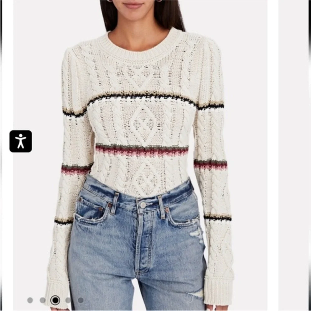 VERONICA BEARD Bruna striped cable-knit cotton-blend sweater in Ecru size medium